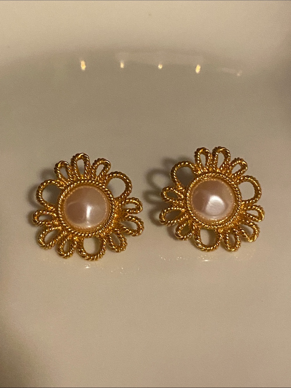 Avon Gold-Tone Floral Pearl Center Earrings